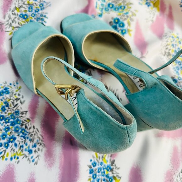 Vintage Y2K Light Blue Suede Chunky Heels Women's Size 8 Peep Toe Party Prom - Picture 4 of 5